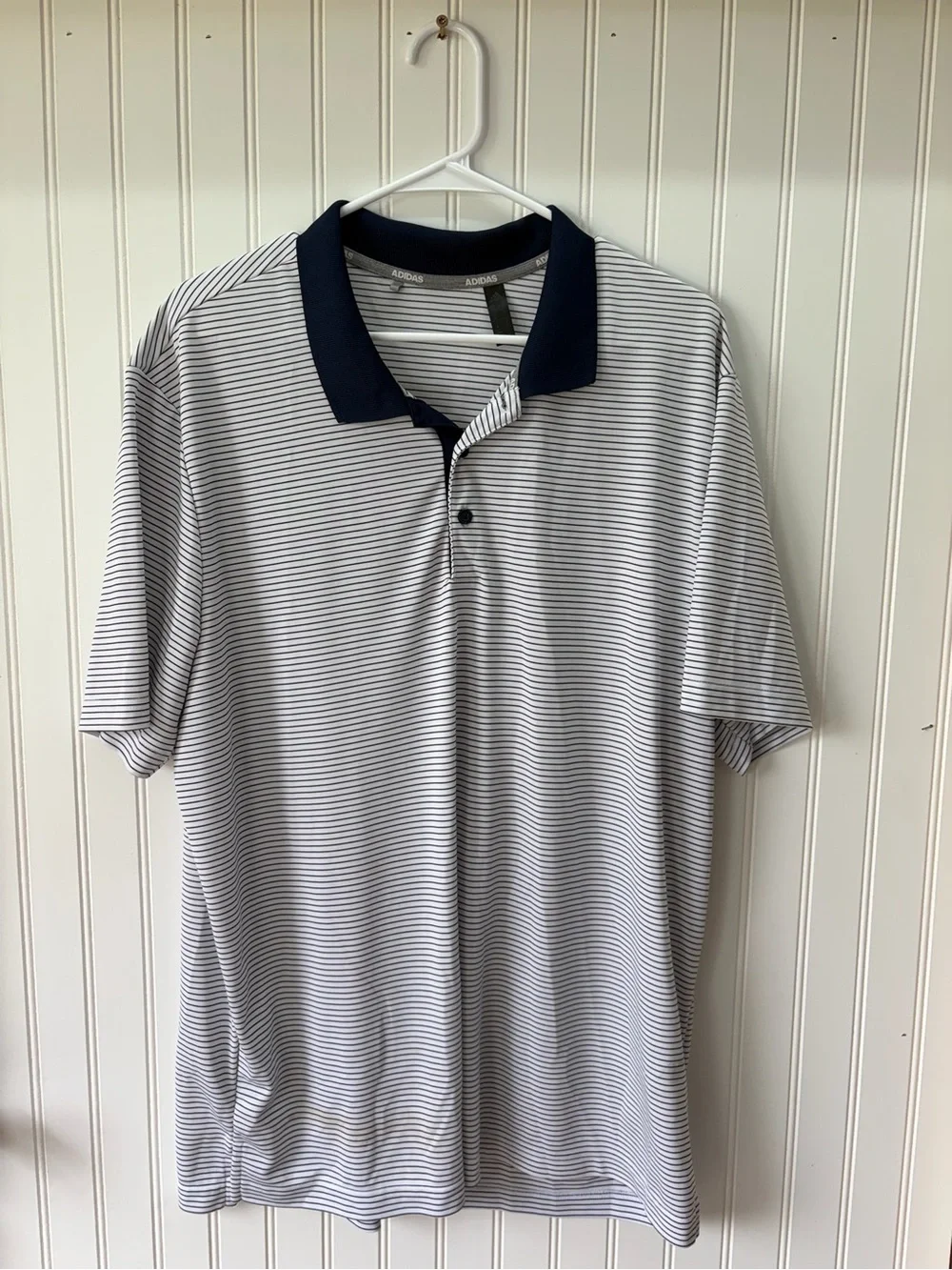 adidas White striped athletic gold tennis Polo with Navy Contrast Collar